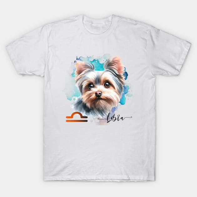 Libra Zodiac Sign Cute Yorkshire Terrier Yorkie Watercolor Art T-Shirt by AdrianaHolmesArt